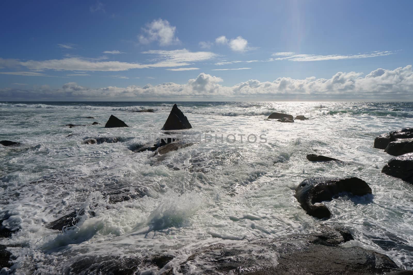 Ocean daytime landscape, giving strength. The space is filled with water, spray and ocean noise