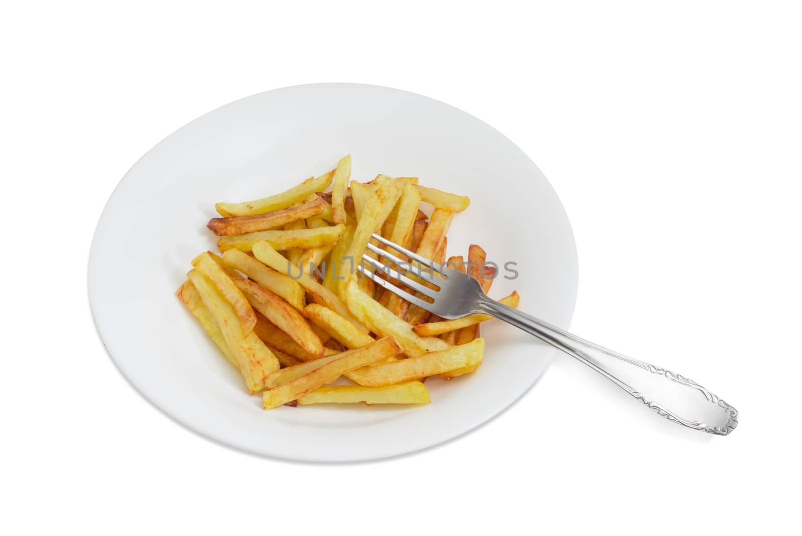 Serving of the French fries on the white dish and fork of stainless steel on a light background
