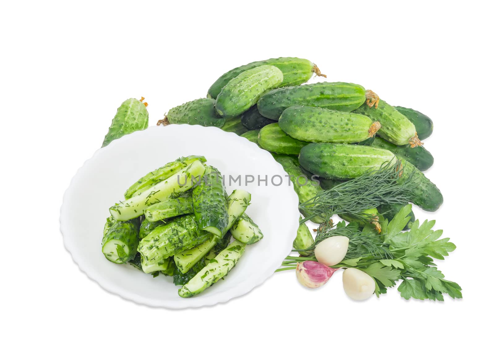 Lightly salted cucumbers on the white dish against of a pile of the freshly picked out cucumbers,  parsley, dill, garlic on a white background
