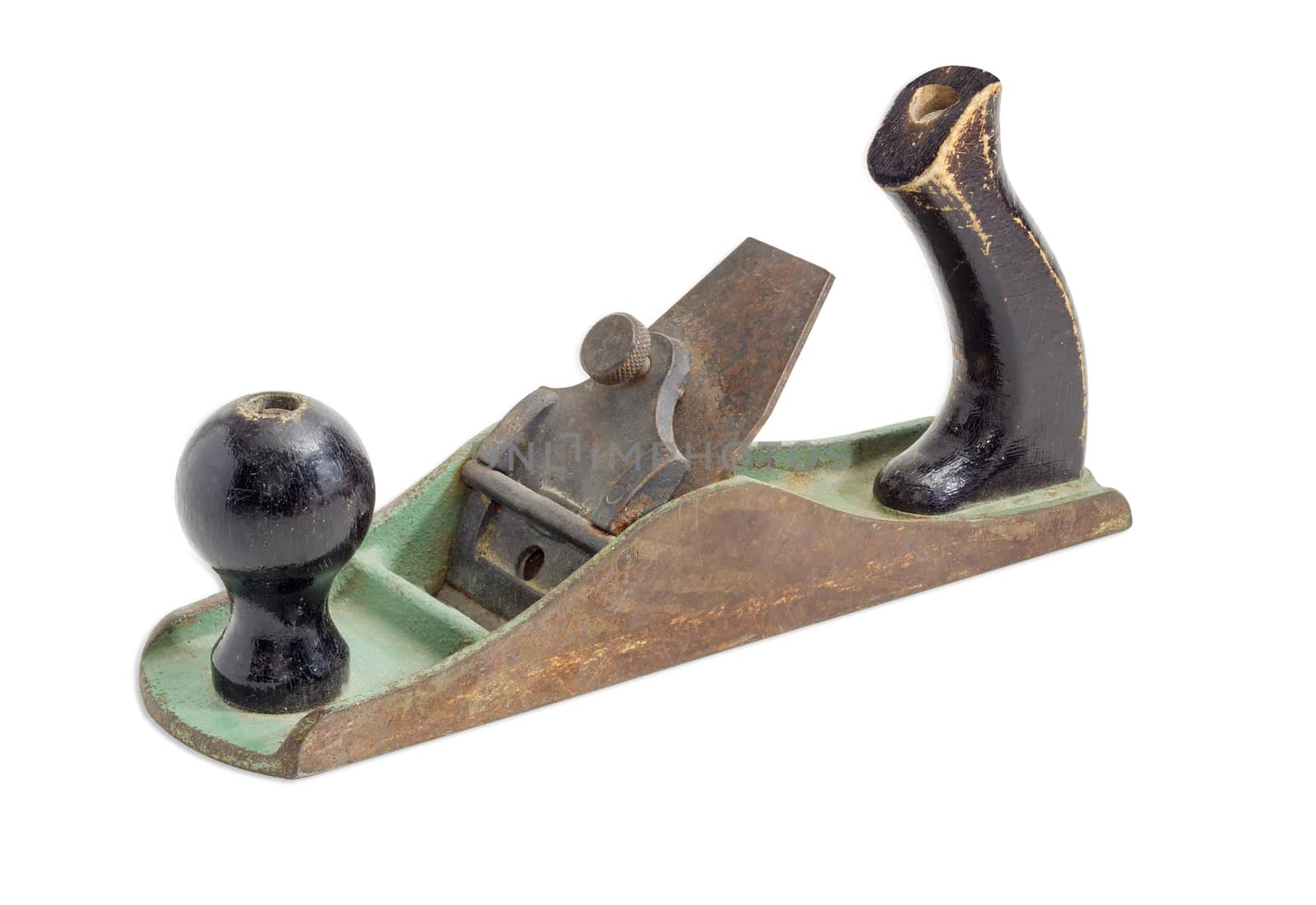 Old metal hand plane with wooden handles on a white background
