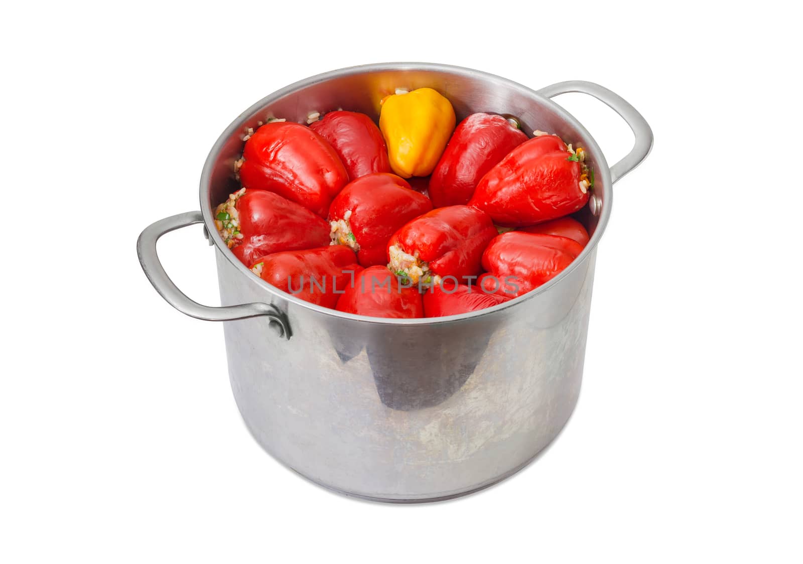 Cooked stuffed red and yellow bell peppers in the large stainless steel saucepot on a light background
