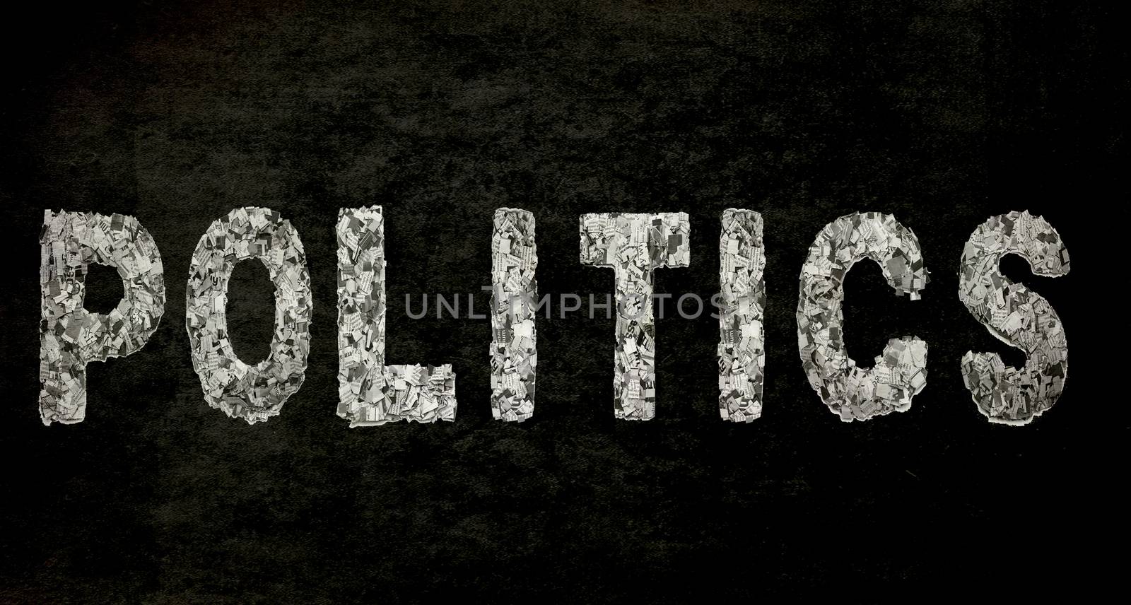 the word POLITICS with newspaper confetti and black  by davincidig