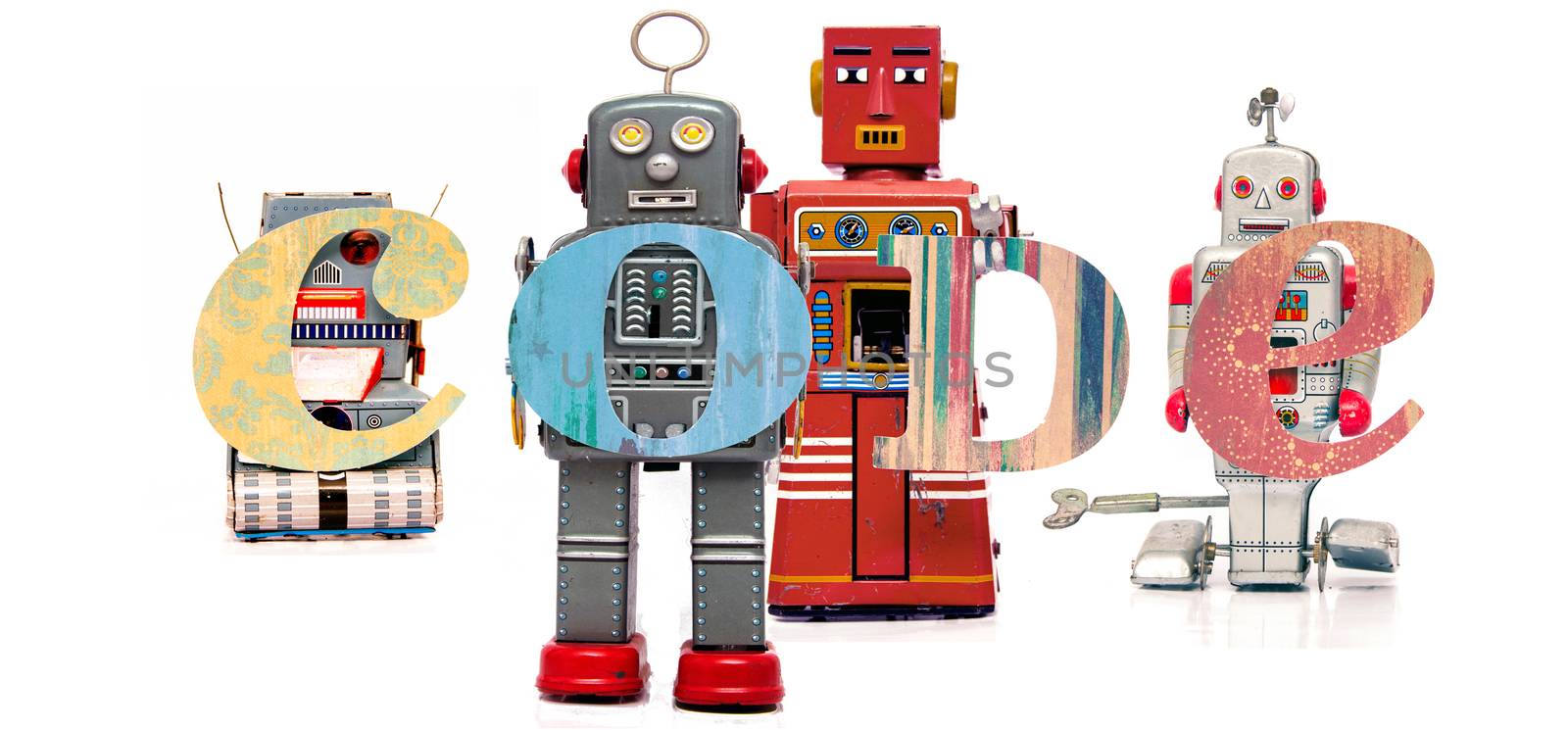 retro tin robot toys hold up the word   CODE 1 by davincidig