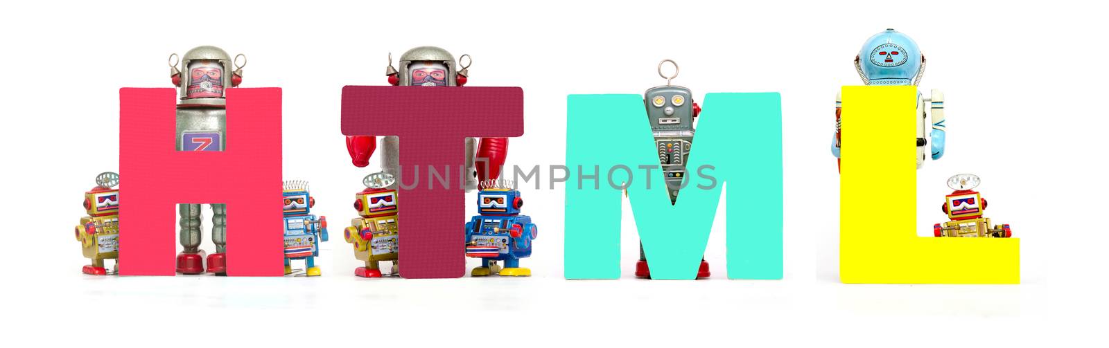 retro tin robot toys hold up the word   HTML isolated  by davincidig