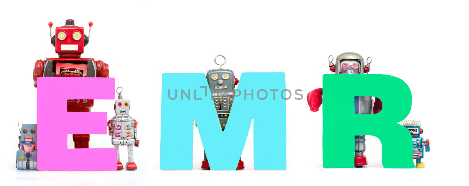 retro tin robot toys hold up the acronym  EMR  by davincidig