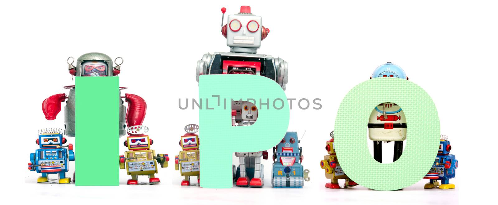 retro tin robot toys hold up the acronym  IPO  by davincidig