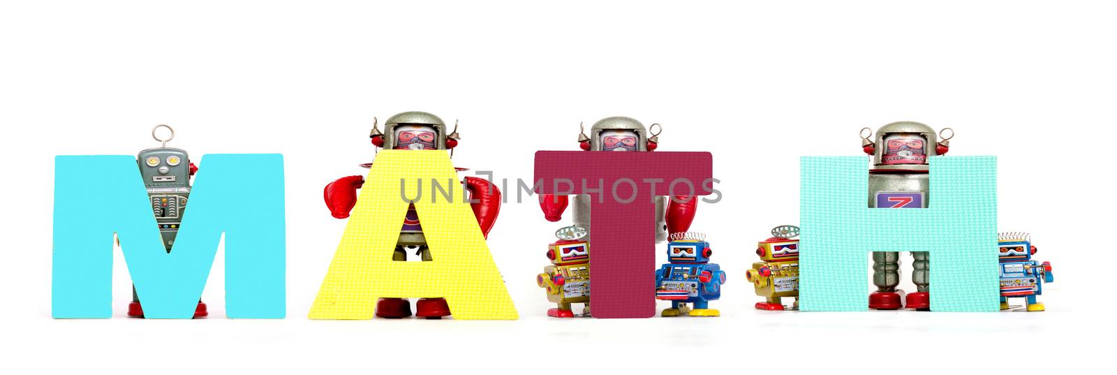 retro tin robot toys hold up the word MATH  by davincidig