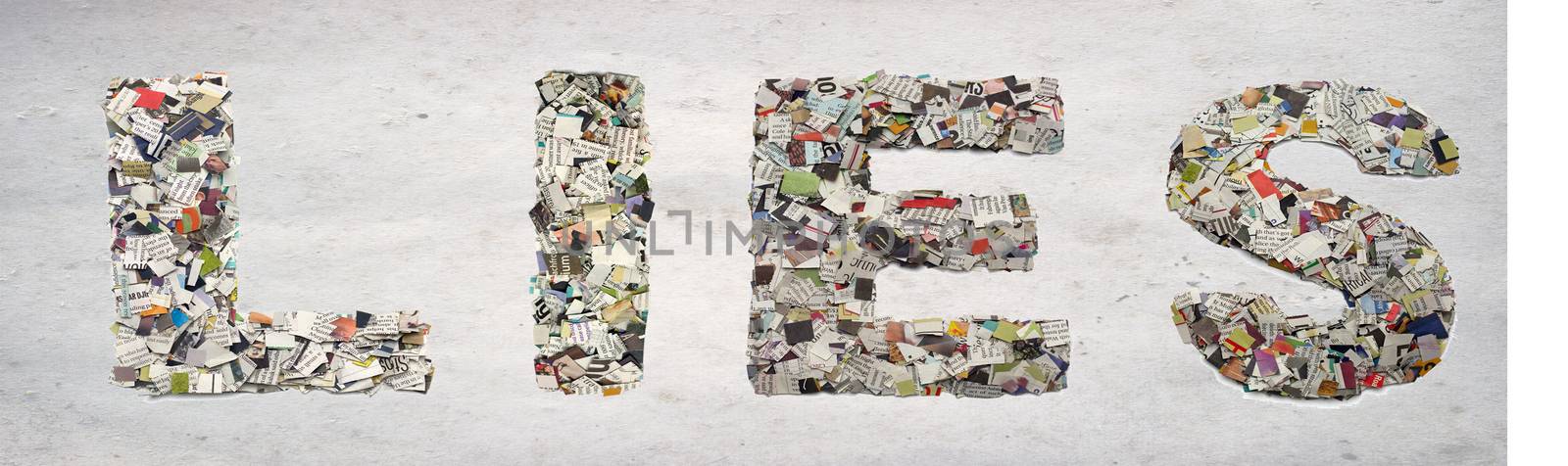 the word   LIES  made from newspaper confetti  on old paper  by davincidig