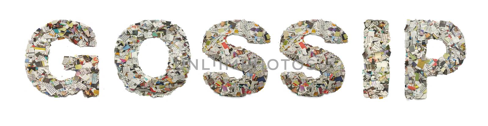 the word  GOSSIP made from newspaper confetti isolated on white