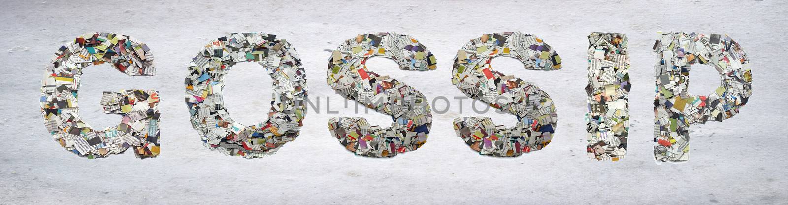 the word  GOSSIP made from newspaper confetti on old paper 