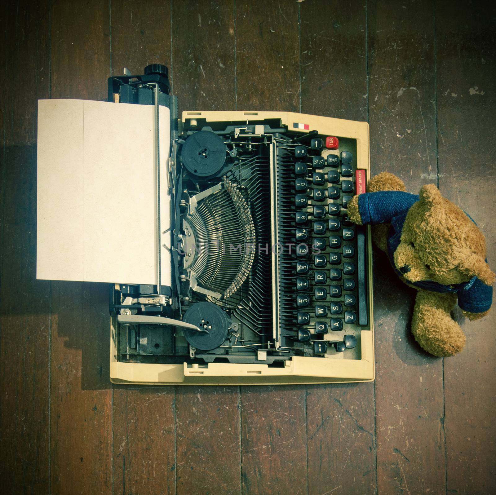 old teddy bear at a retro  typewriter  a wooden floor from above