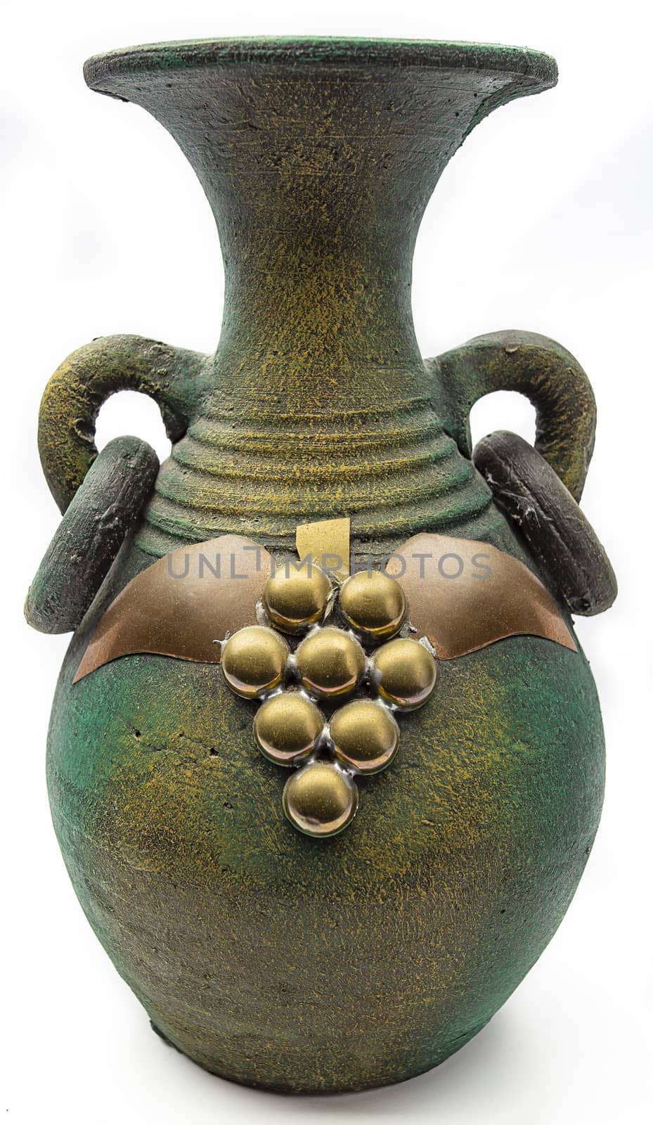 Antique greek vase with copper grape decoration