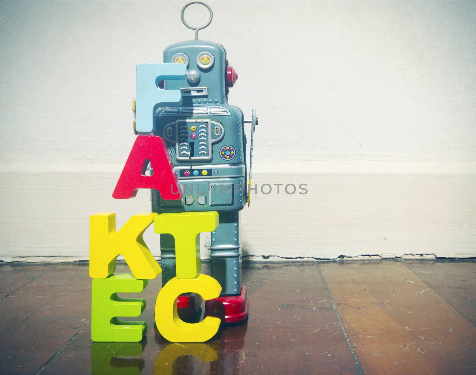 wooden letters fact fake  on wooden floor robot  by davincidig