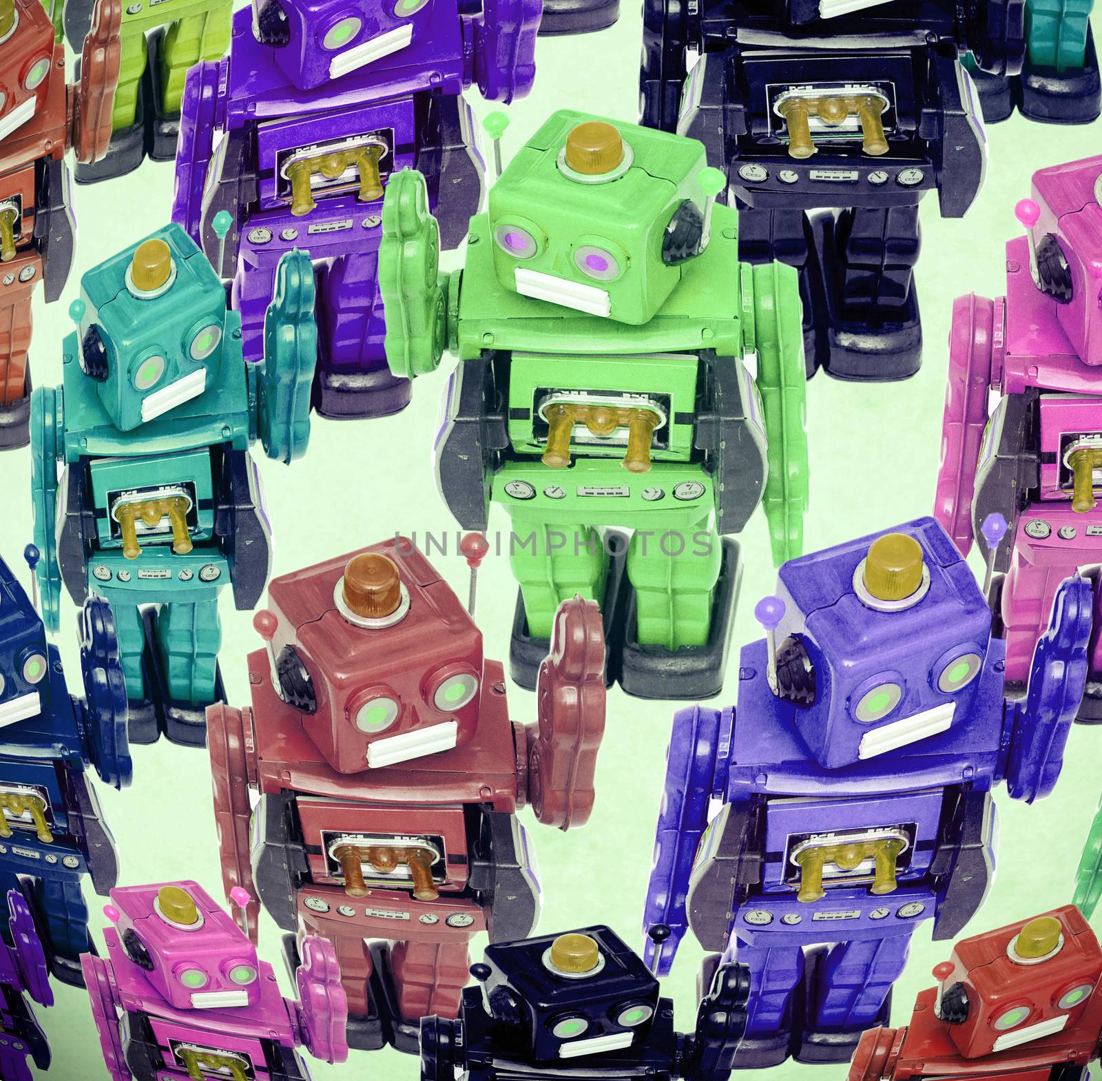 lots of  robots in a crowd with one pink robot  going the other direction