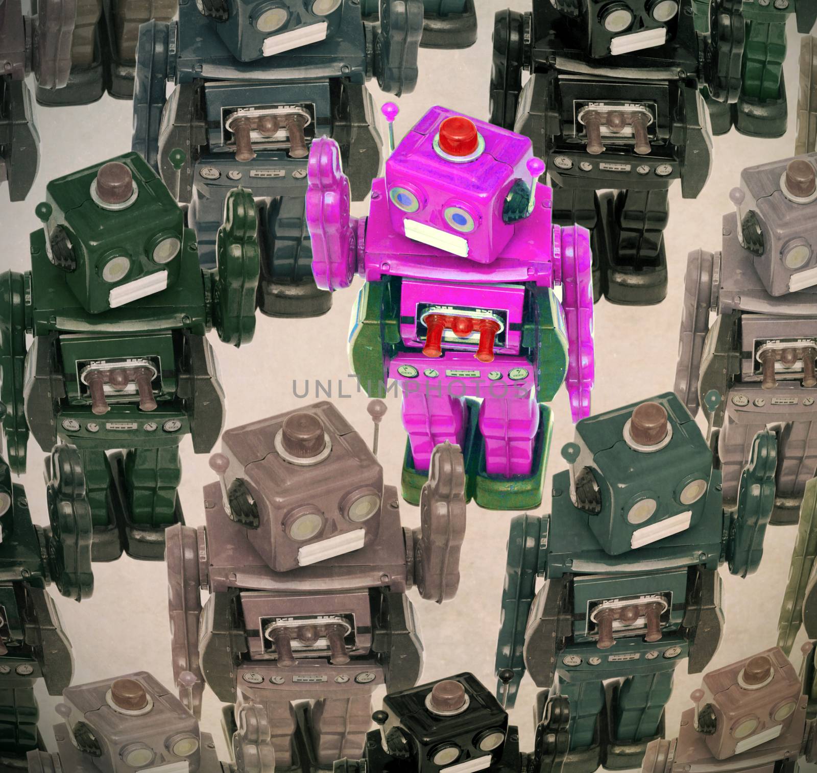 lots of  robots in a crowd with one pink robot  going the other direction