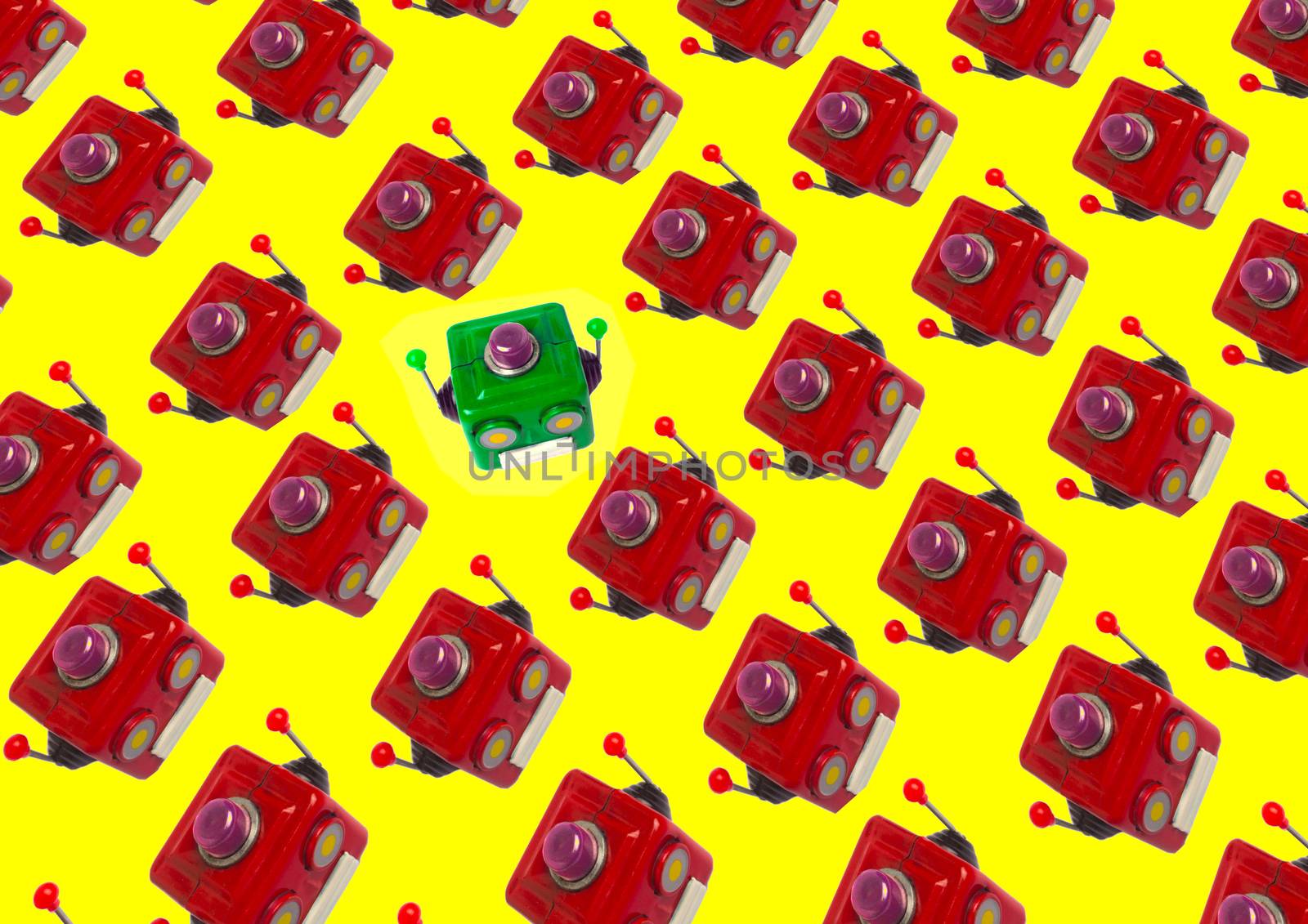 lots of robot heads background with on odd one