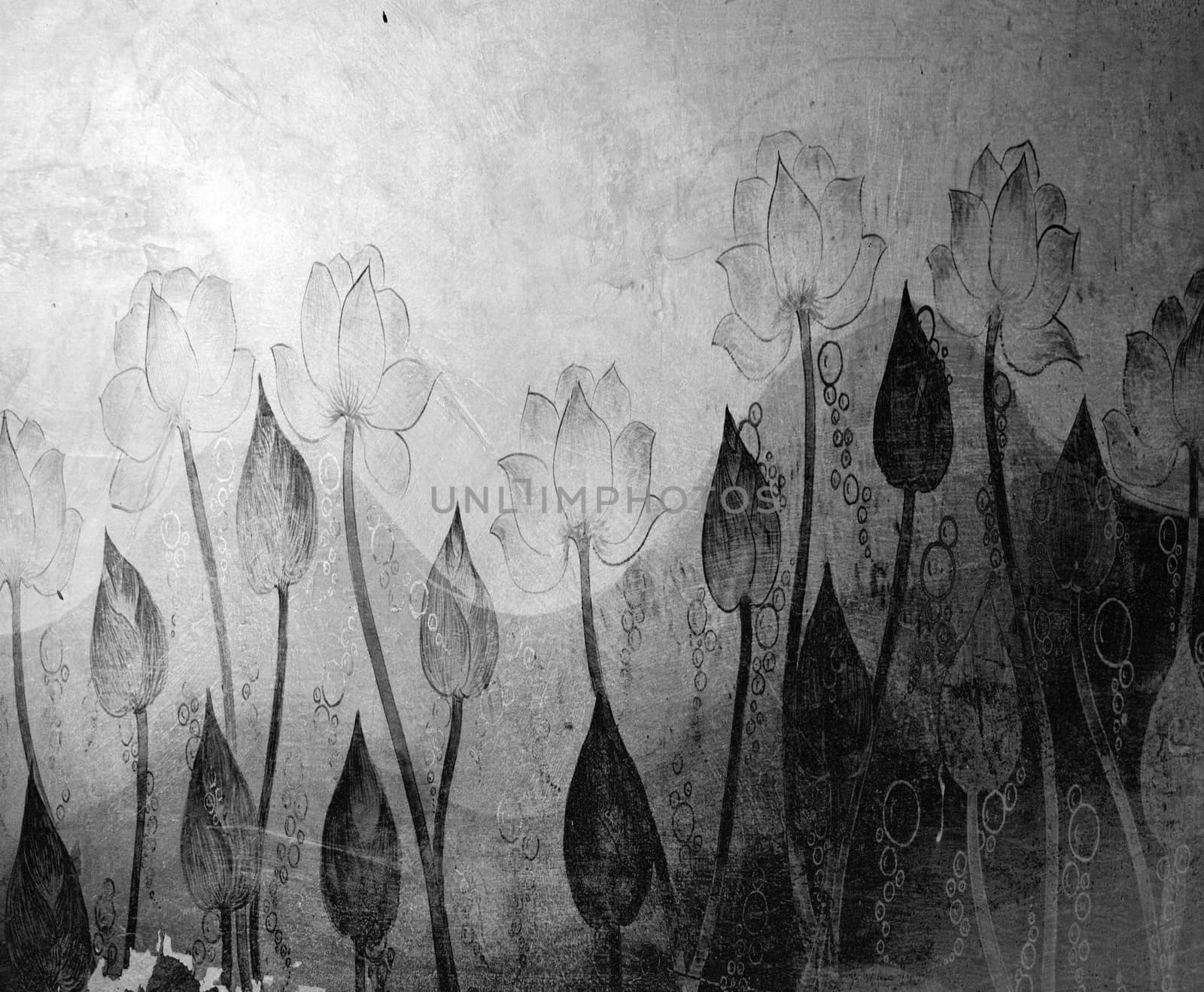 old thai wallpaper monochrome  of lillys in a old thai temple 