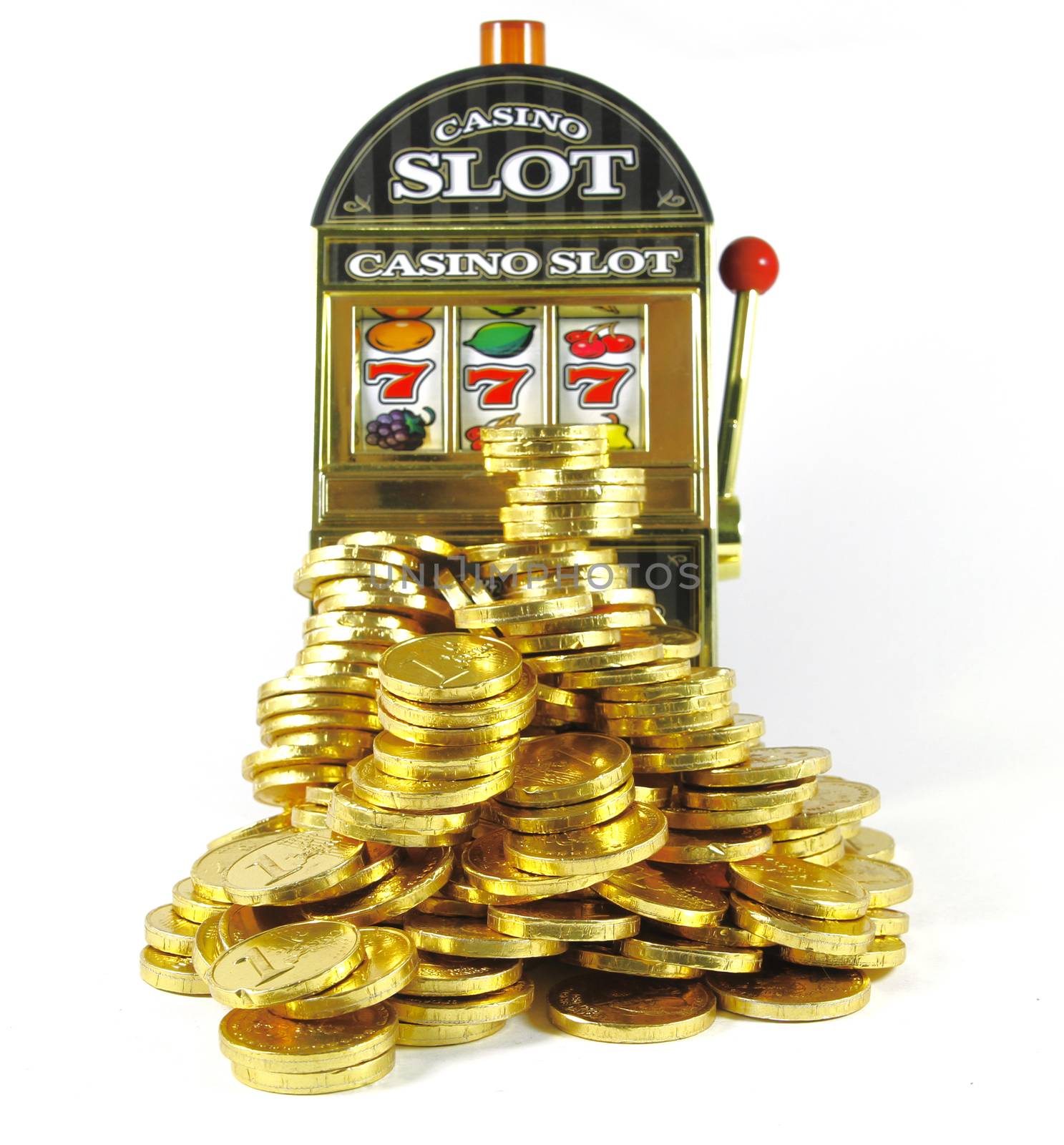 retro slot machine with 777 and lots of gold for winnings 