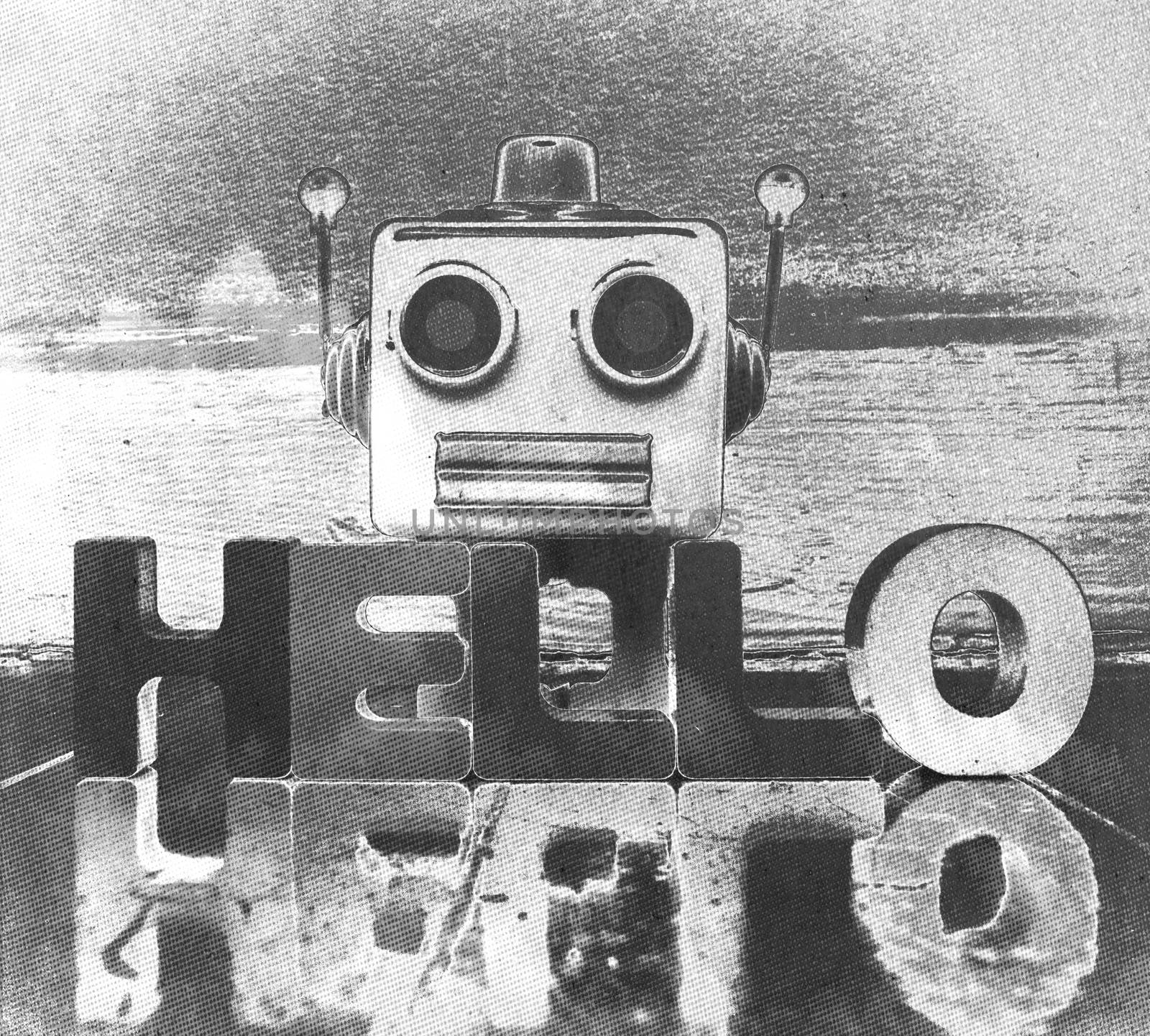 chat bot hello in toned momochrome with reflection 