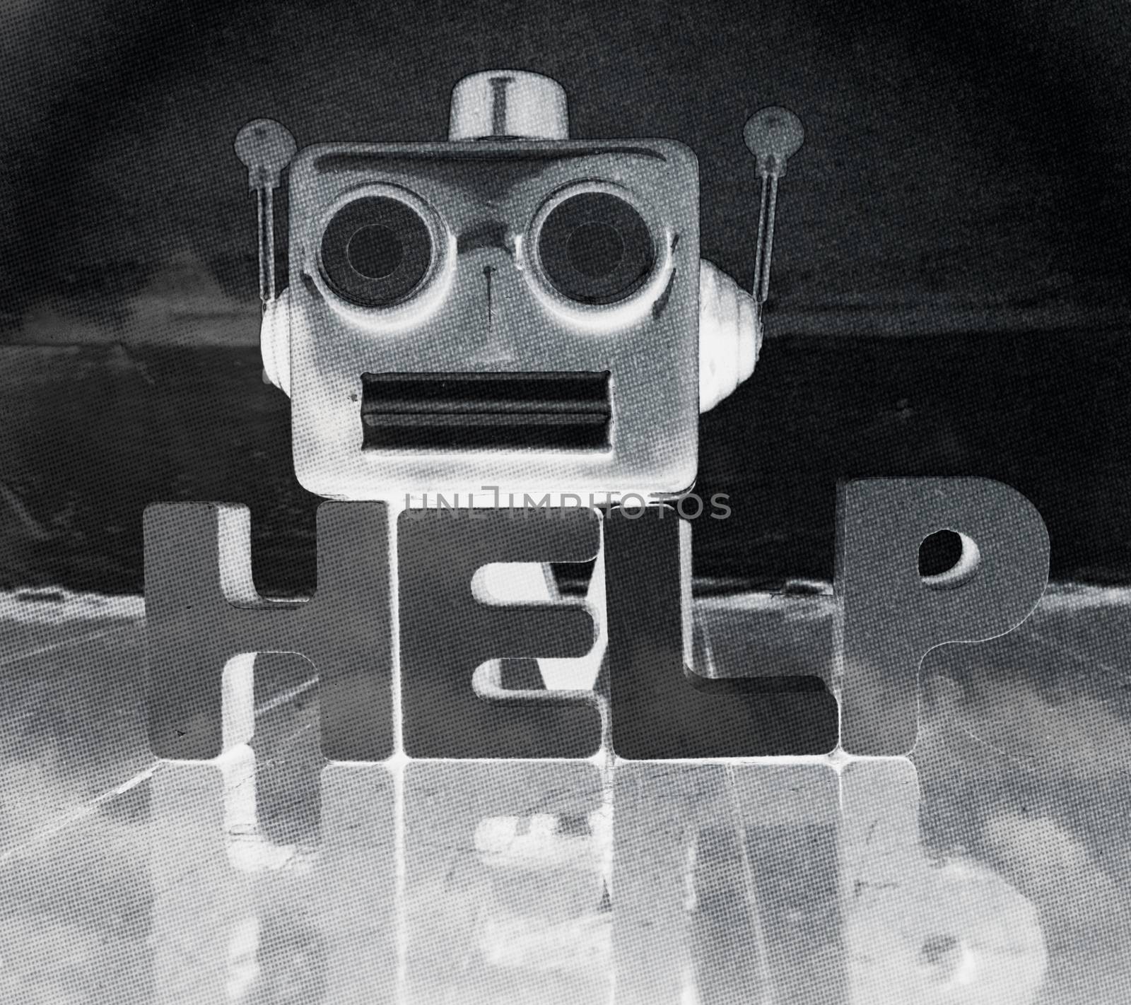 robot talking head in monochrome with the word  HELP on a wooden floor with reflection