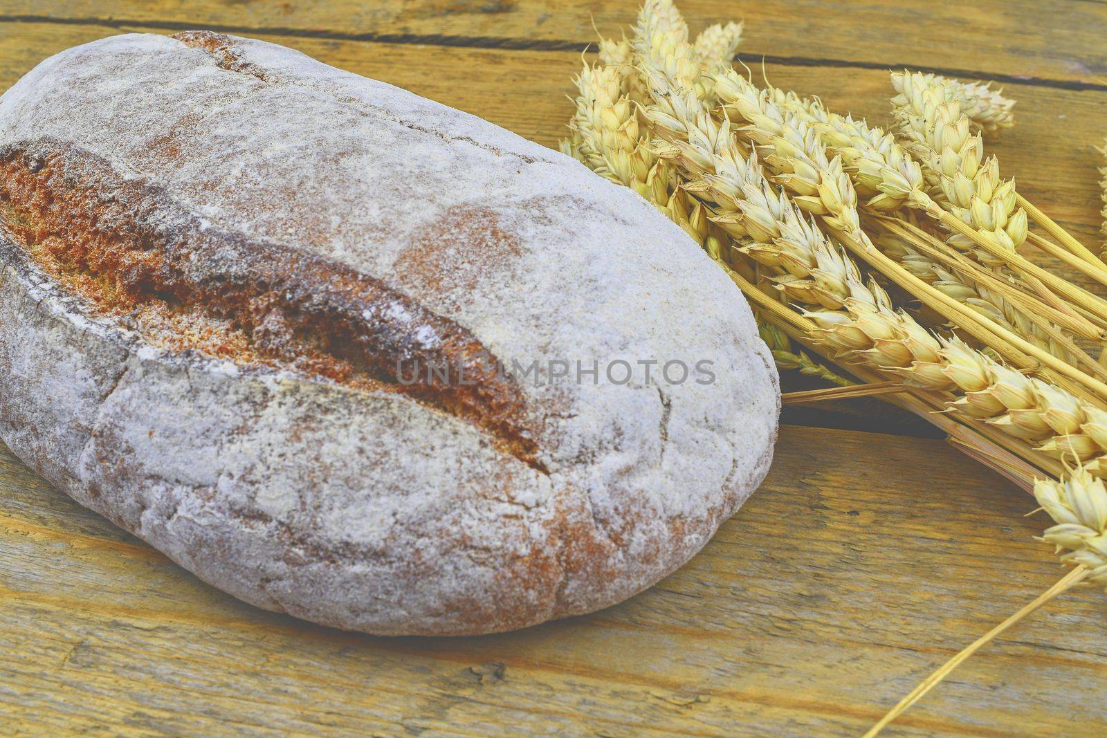 Loaf of bread and ears of grain on wood background. Rustic and rural concept. Close up.  