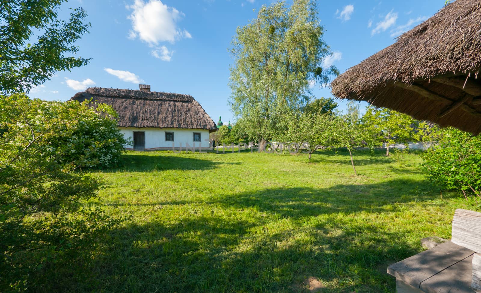 An old house with thatched roof on a green lawn in the park