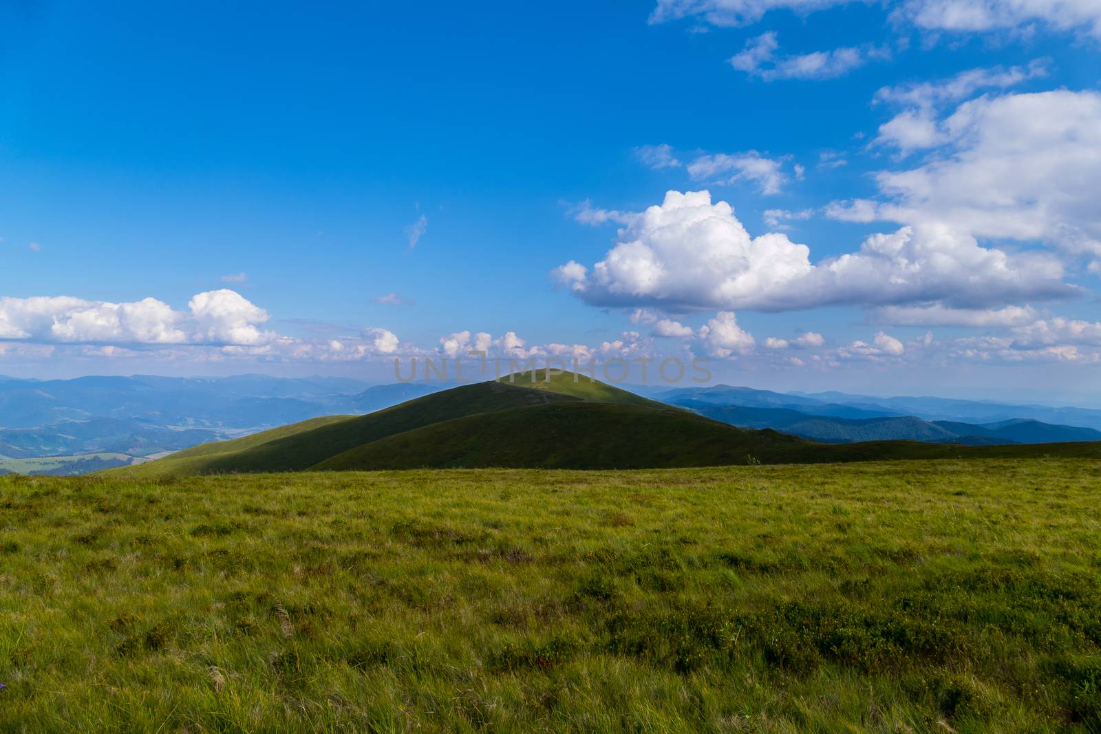trampled path through the top of the mountain against the background of sky blue in the Carpathians