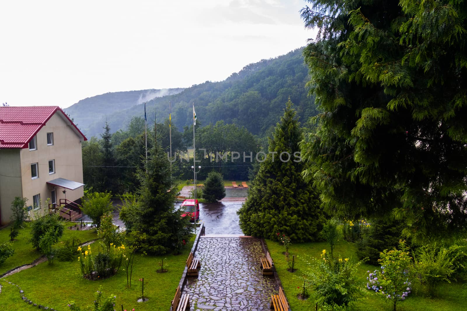 View from the hotel balcony to the nearby park area after the rain