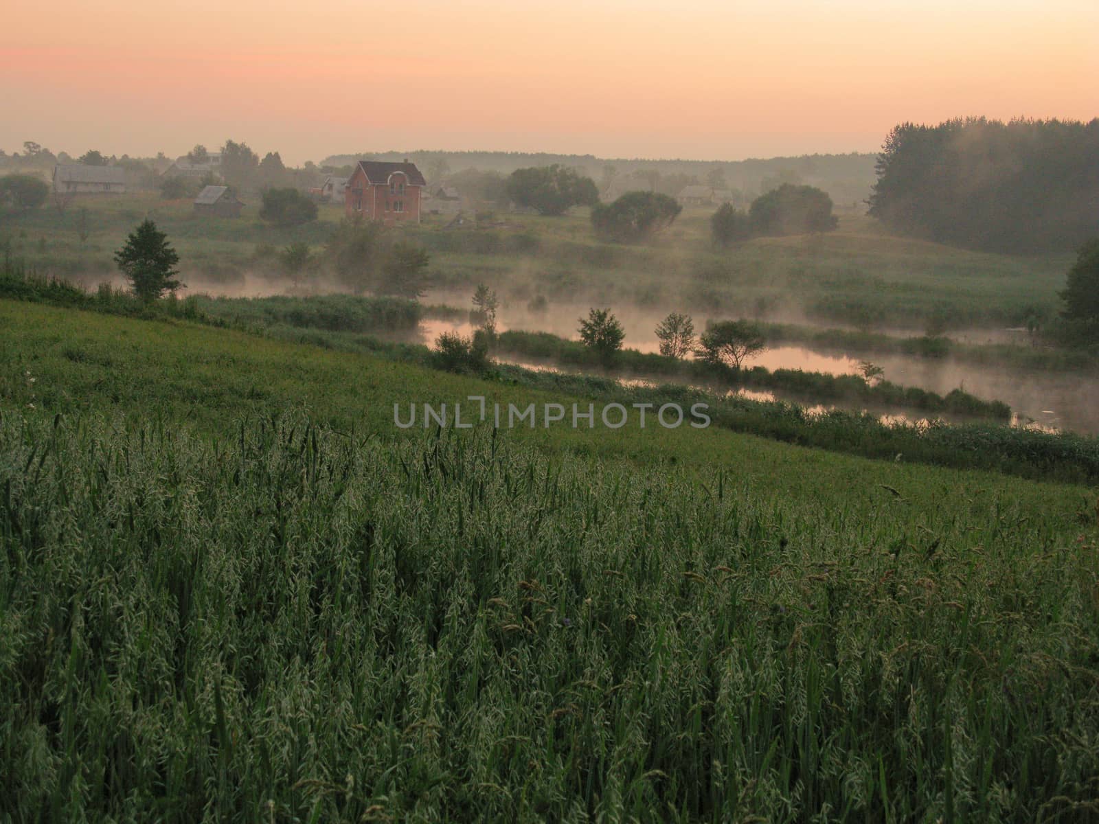fog rising up the lake in the valley at dawn before sunrise, among the fields