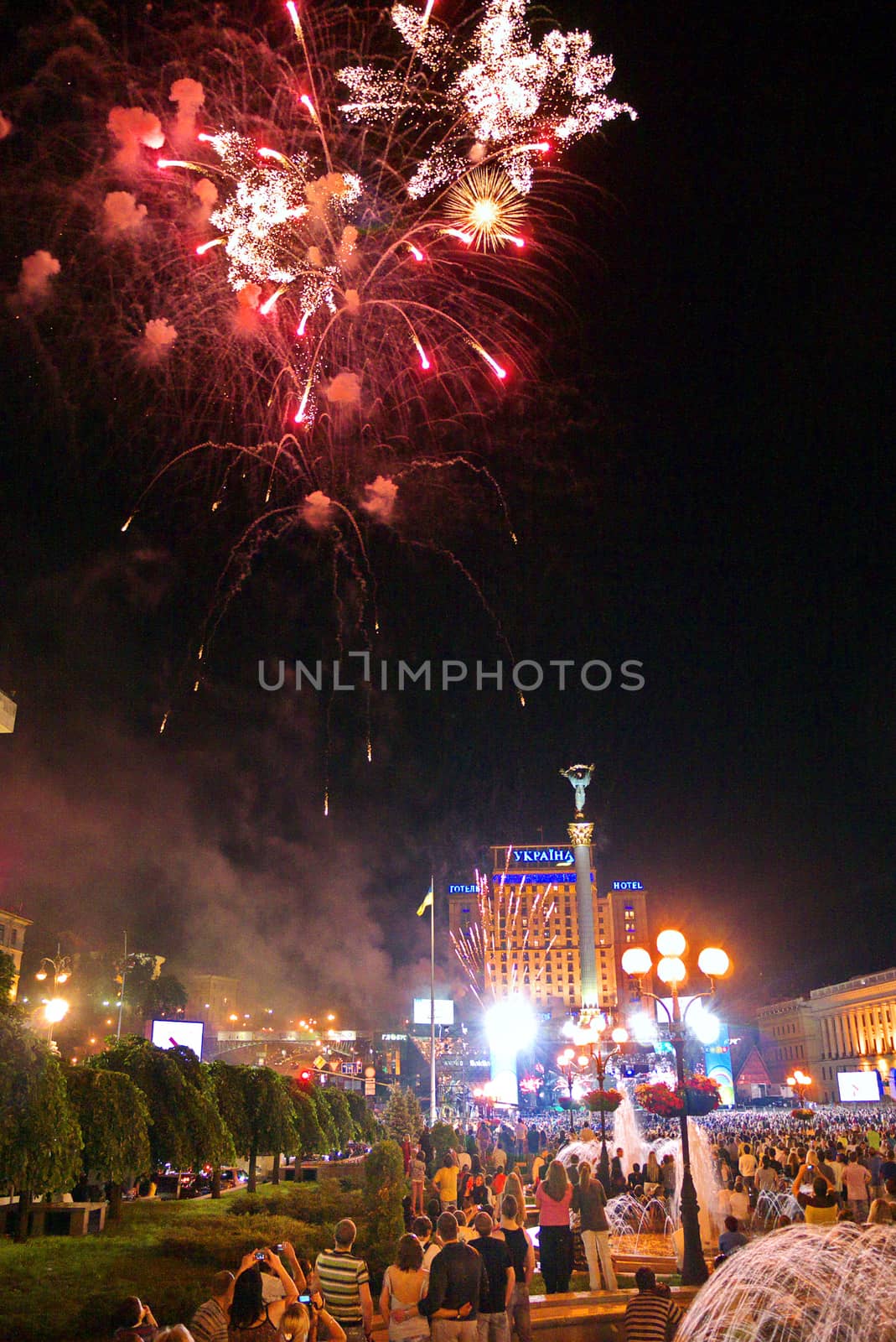 festive fireworks in honor of the concert on Independence Square for a large number of people
