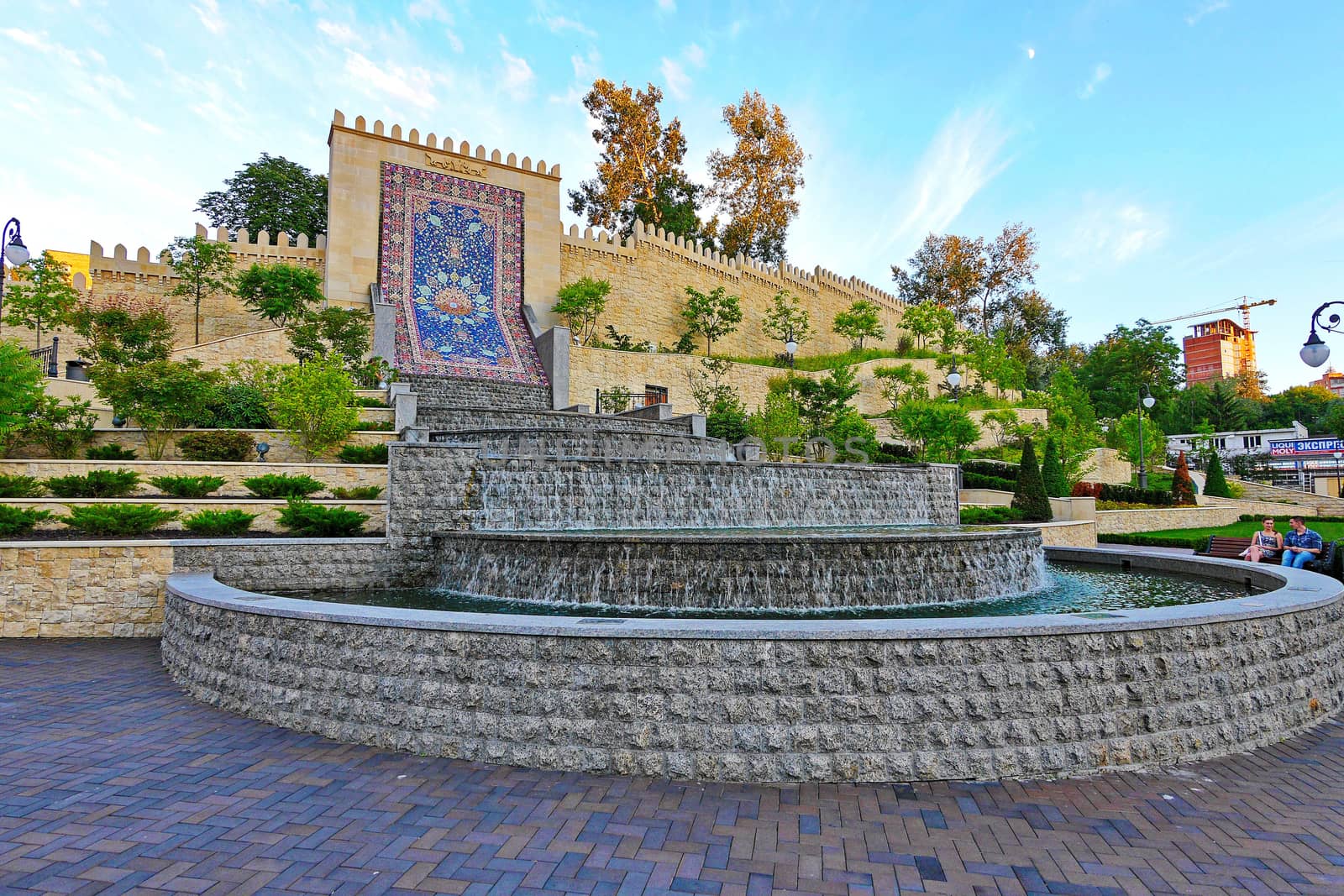 a fountain in the Heydar Aliyevna square against the background of the mosaic wall. Kiev. Ukraine