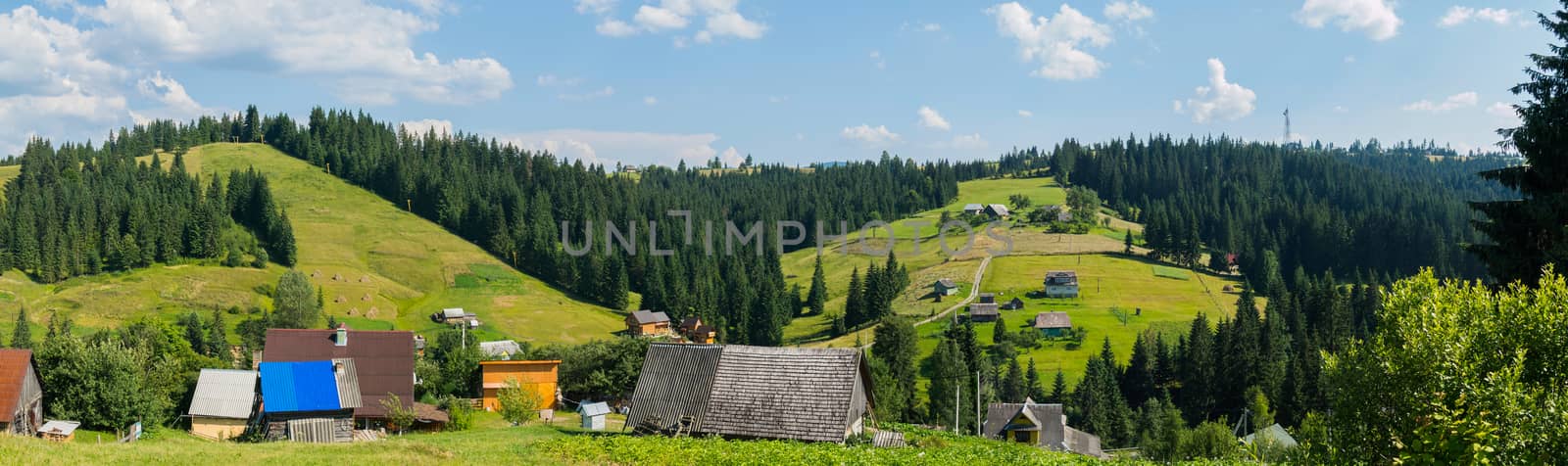 panorama of Transcarpathian village surrounded by coniferous forest
