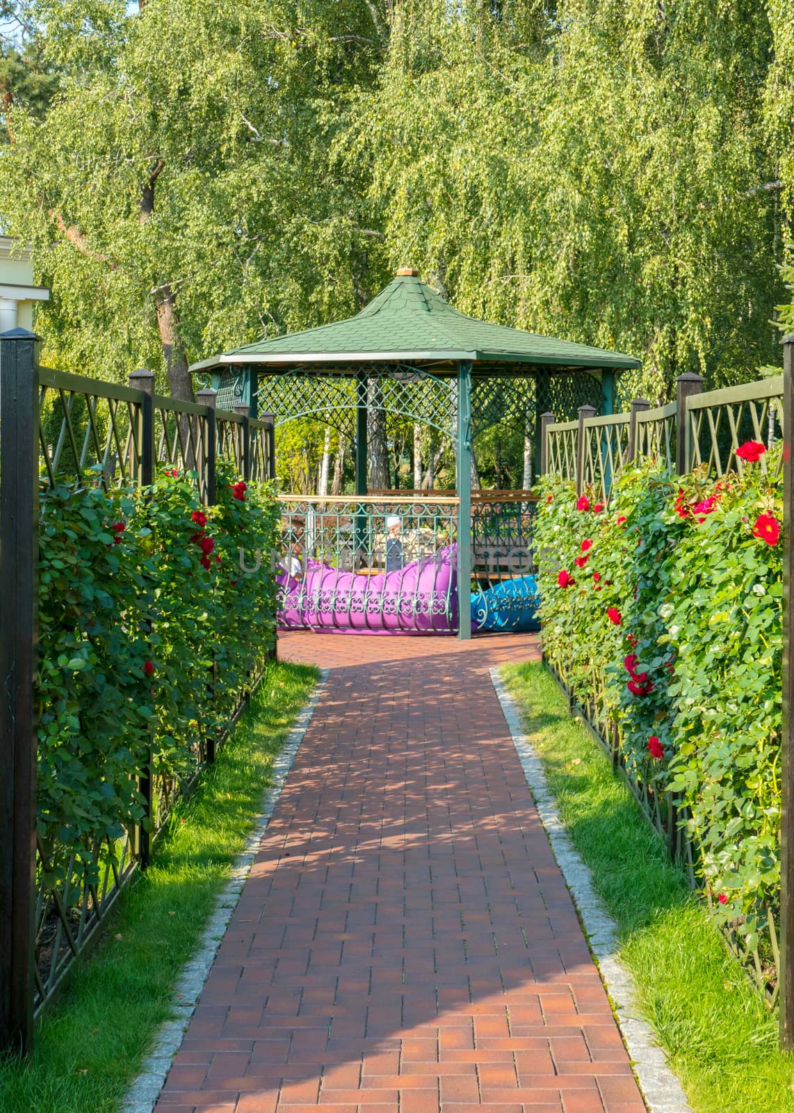 alley leading to the gazebo with a fence lined with red roses