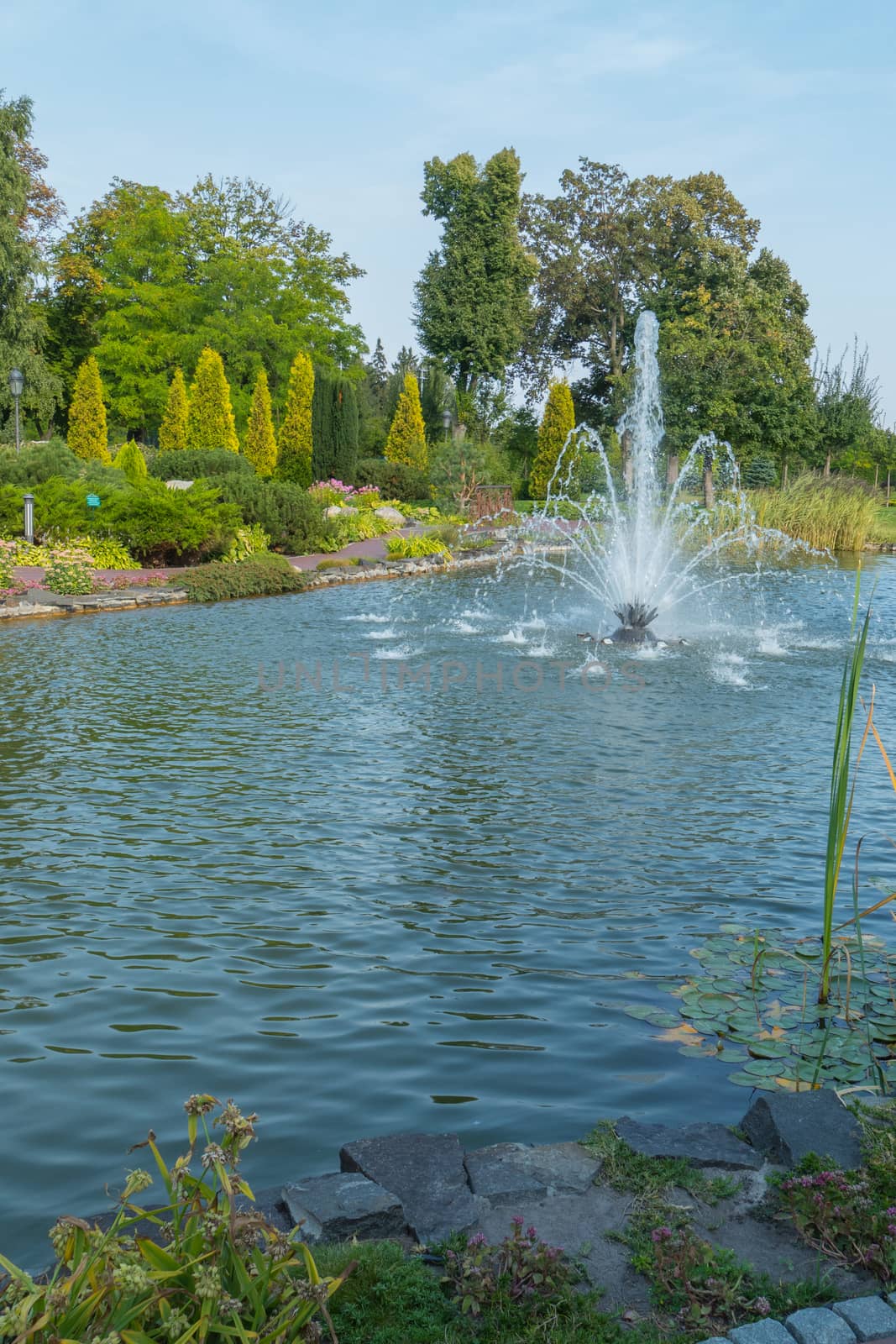 lake with a fountain with a beautiful lawn in the background