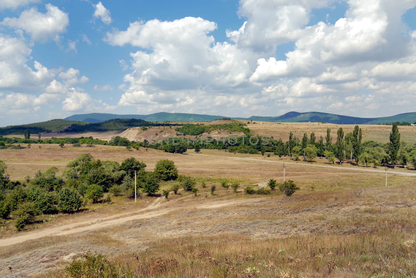 A small field road against the background of green trees, mountains and a cloudy sky