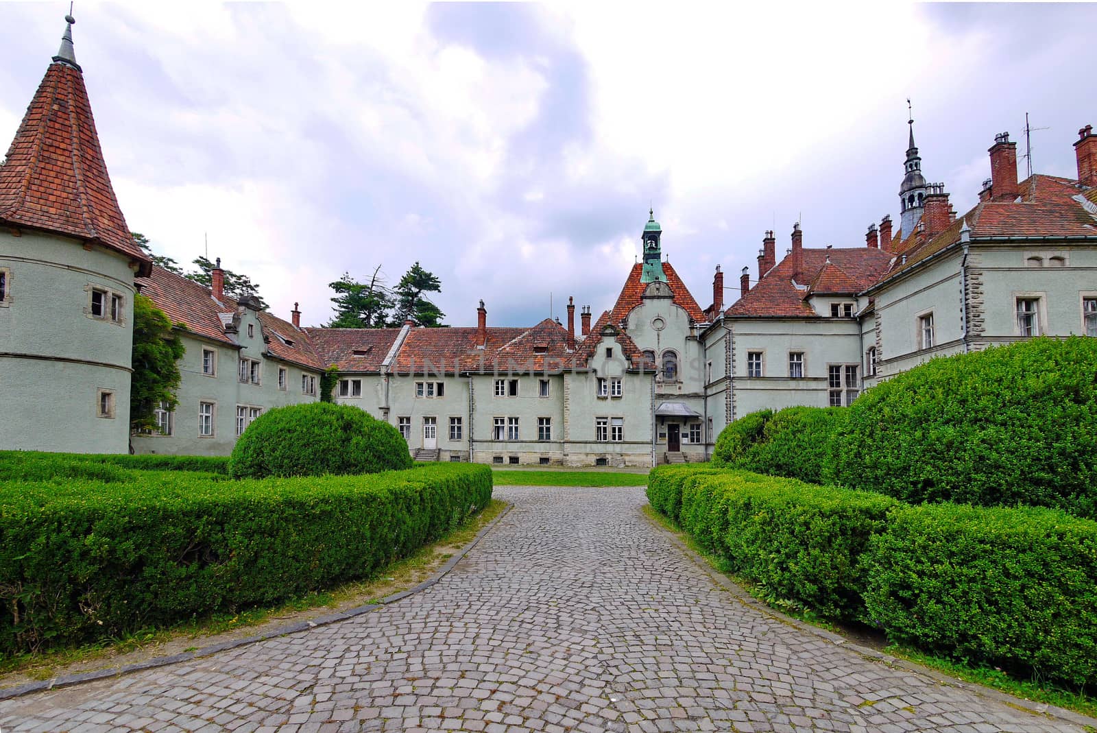 Ancient medieval castle with a red roof on a green park background