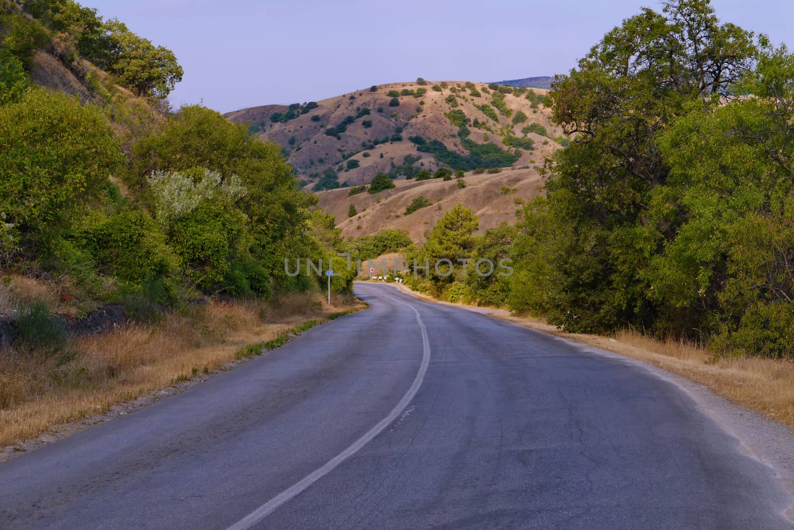 Asphalted road down through the bare hills, on the side of which trees grow