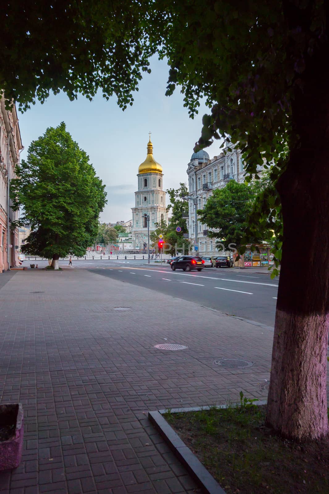 a deserted city street with trees leading to a golden-domed church