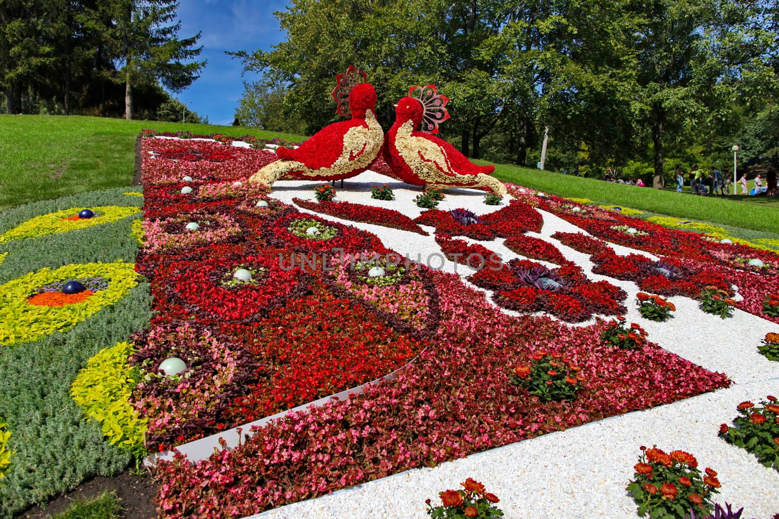 he most luxurious flower bed made in the form of two birds on a green slope
