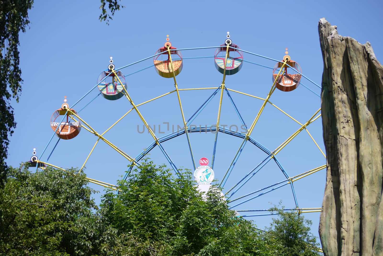 The Ferris wheel with beautiful cabins on the background of the green park zone