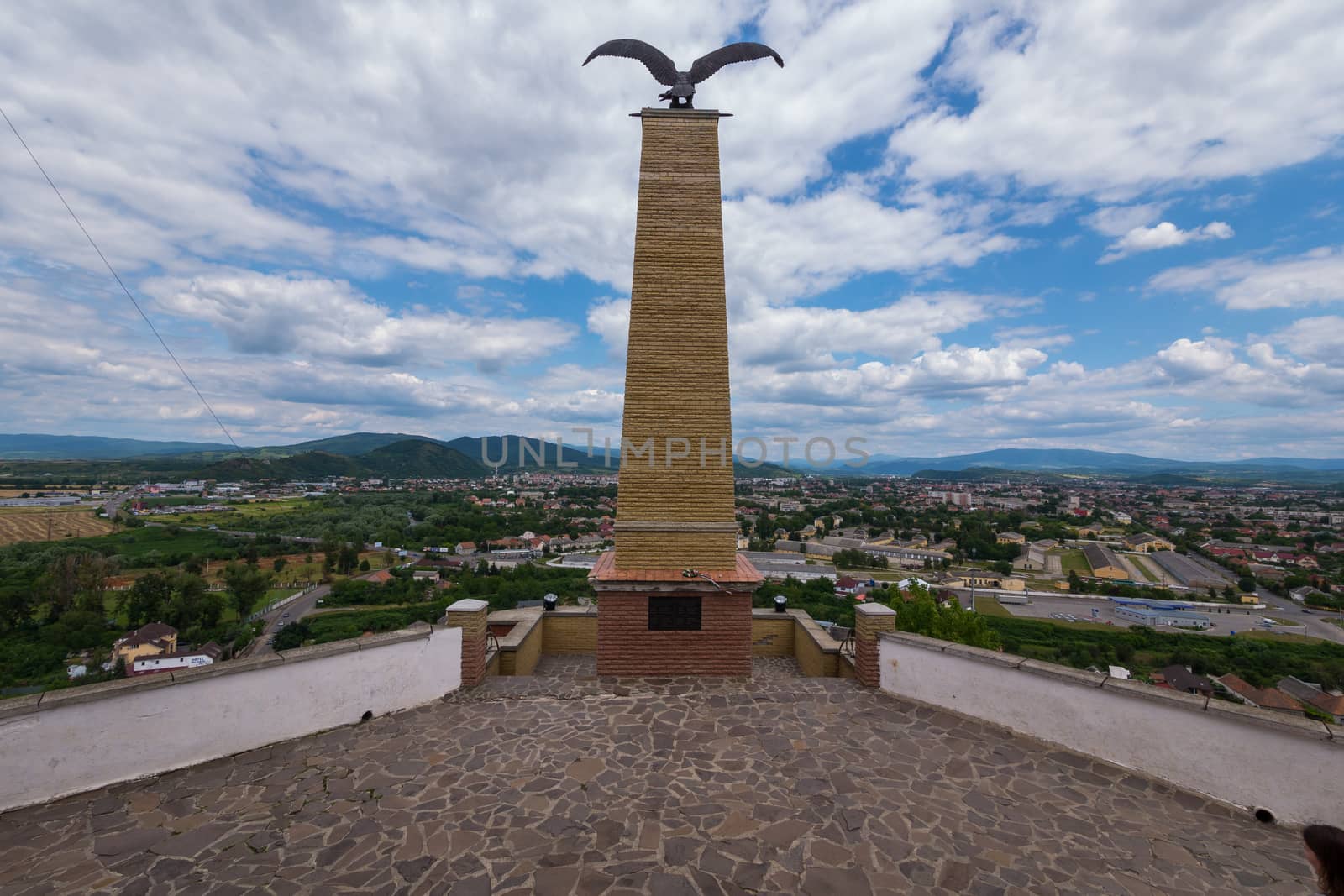 Beautiful stone monument of the eagle spreading its wings widely for flight against the background of the city