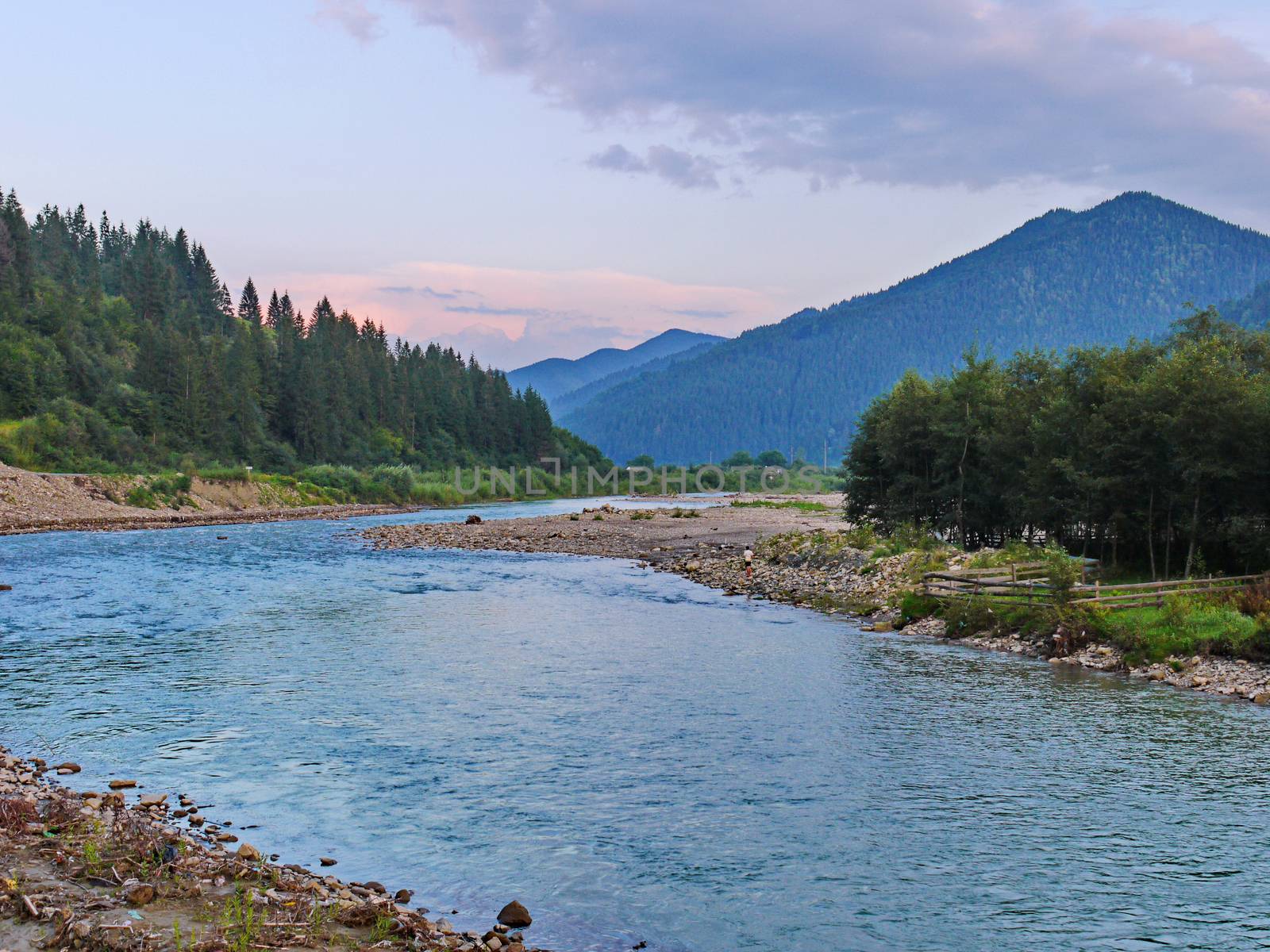 shores of a wide mountain river covered with stones near the forest on the background of high mountain ranges