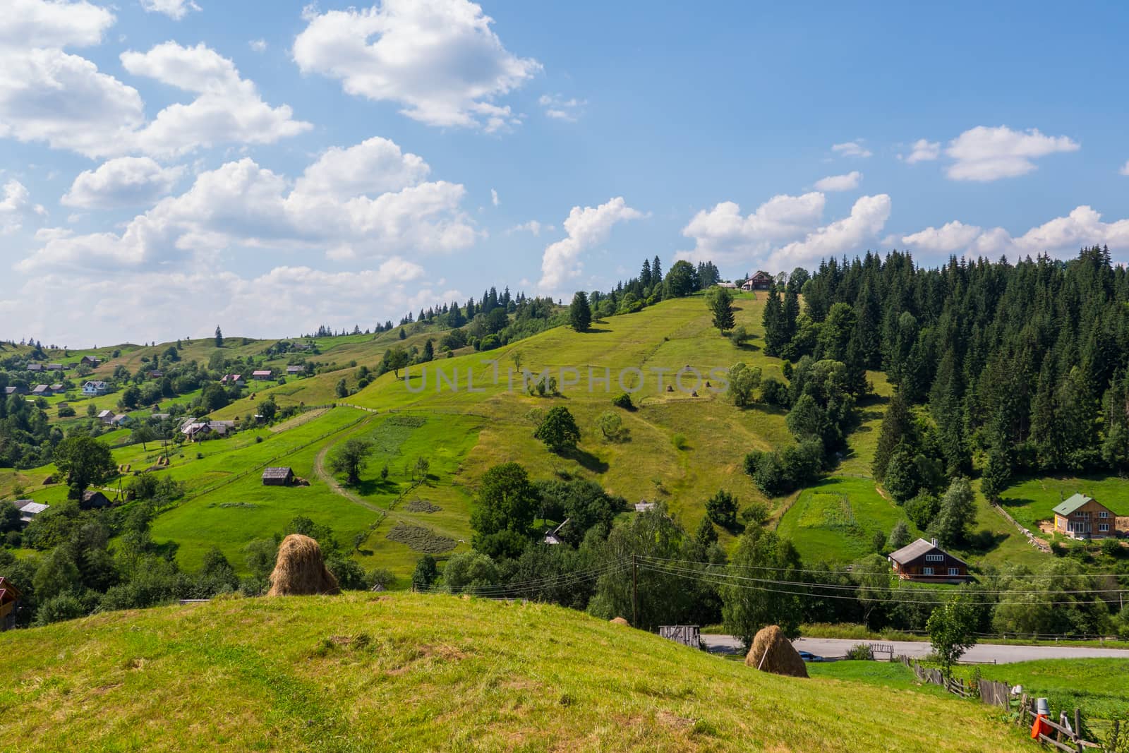 Carpathian village in the valleys with rarely poured down modest houses