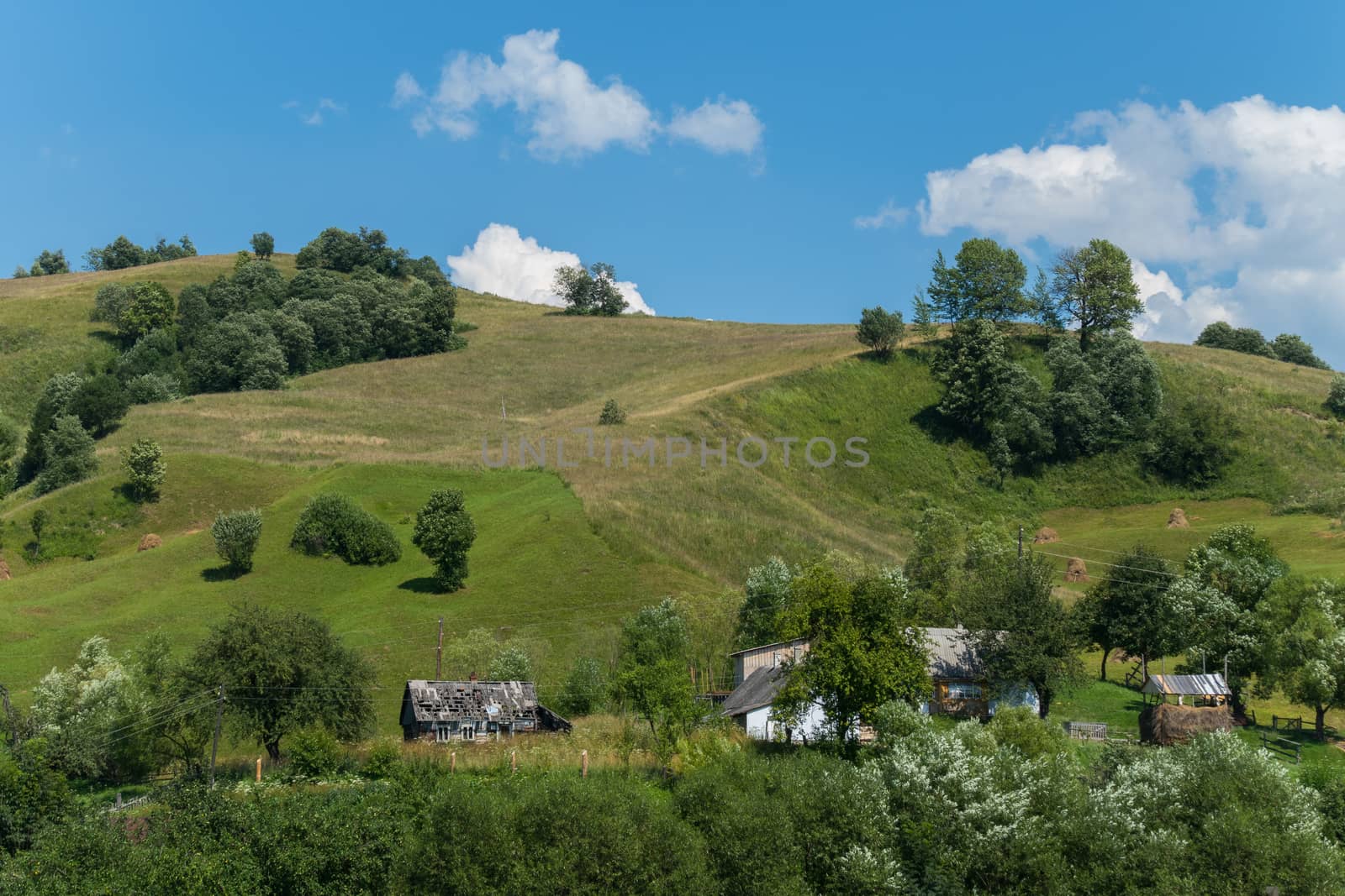 The high hill is covered with mud and bushes on the blue sky background