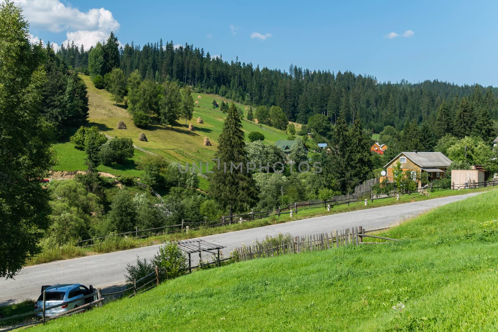 A country road on the slope of a green mountain and small houses