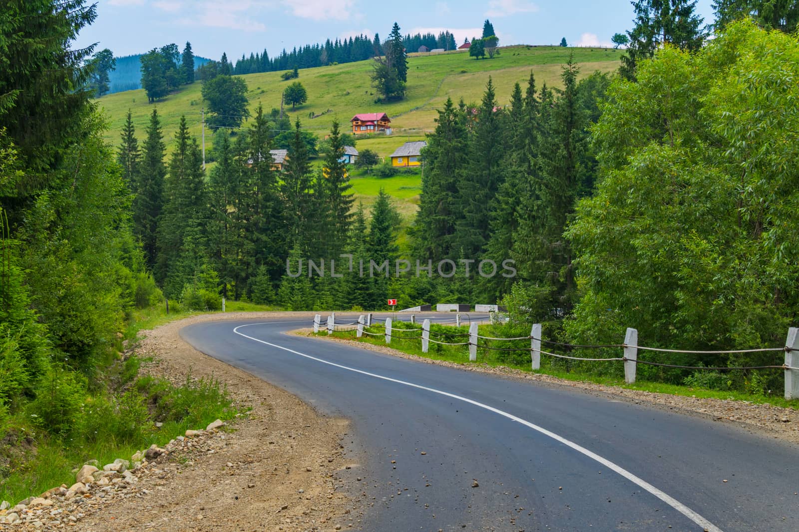 asphalt road with a dividing strip going between green trees against a background of a slope with houses