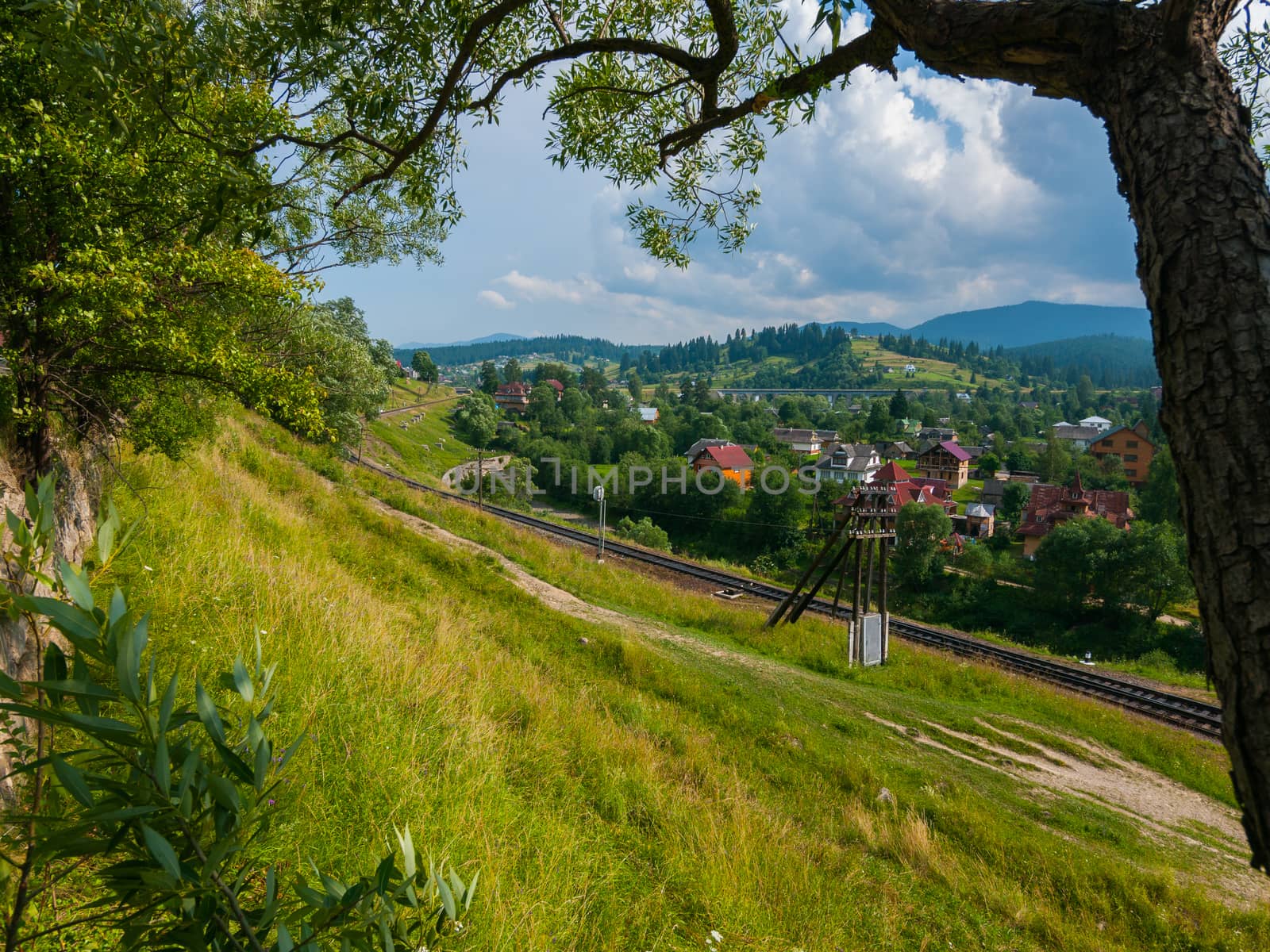 sloping green slope at the bottom of which runs around the village going off into the distance railway track