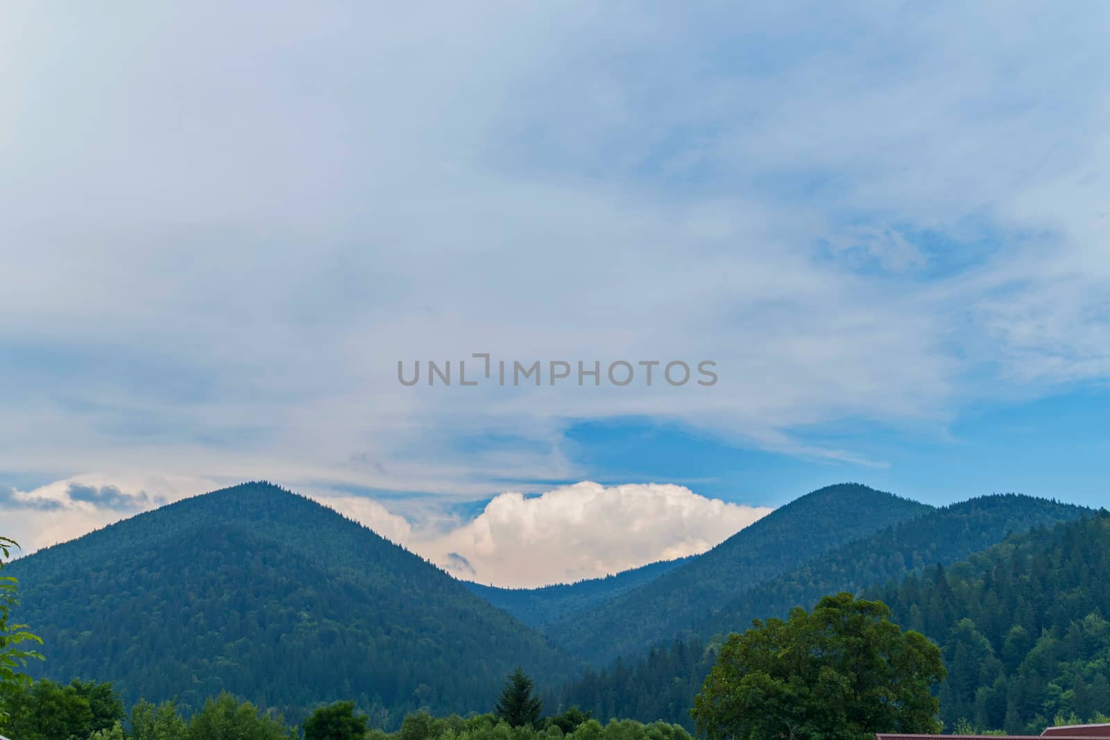 beautiful blue Carpathian mountains against the background of large cumulus clouds