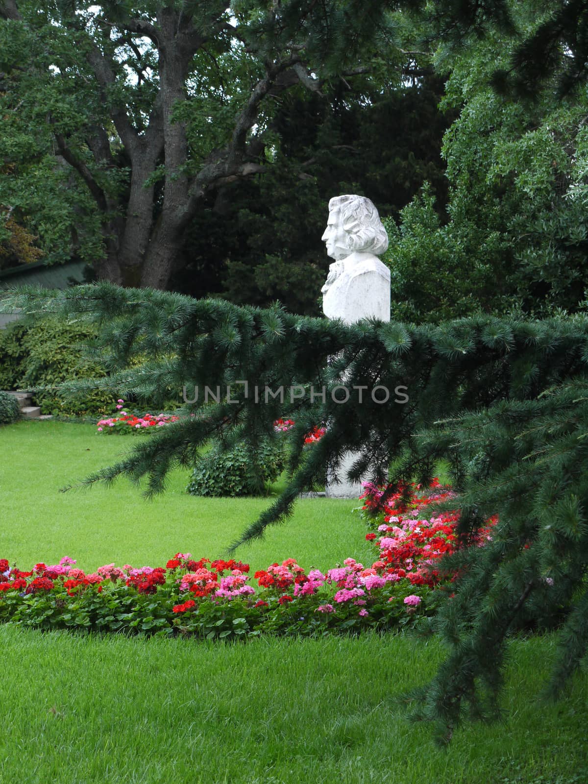 Gypsum bust of a man on a green lawn in a park. Among the beautiful flowers and luxurious green firs.