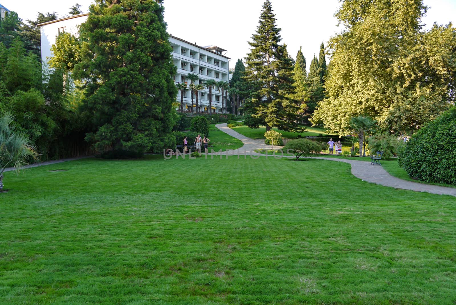 A smoothly cropped green lawn against the backdrop of the building of the green complex